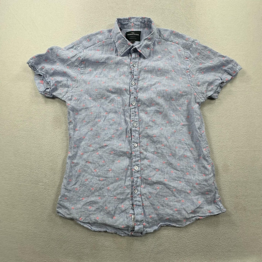 Rodd & Gunn Shirt Mens Large Blue Check Pink Dots Sports Fit Albini Linen